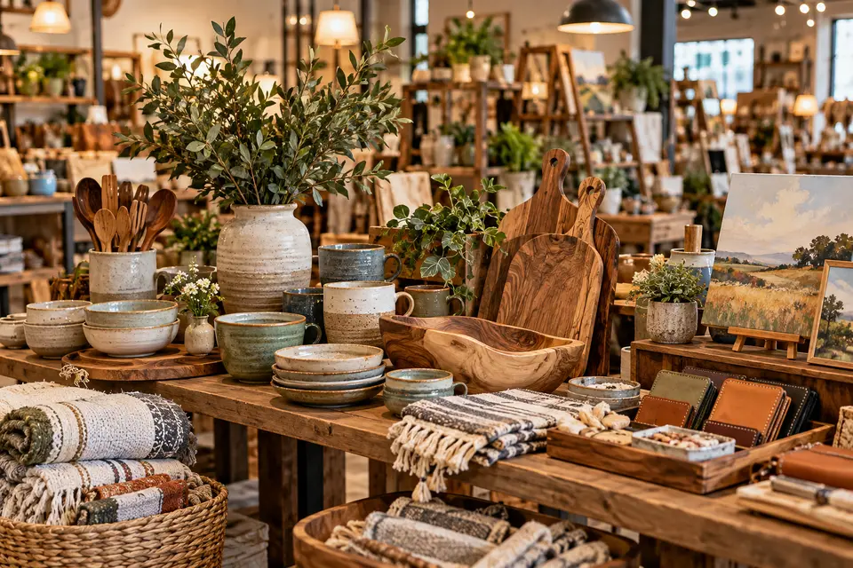 Handmade pottery, wooden goods and artwork from local vendors
